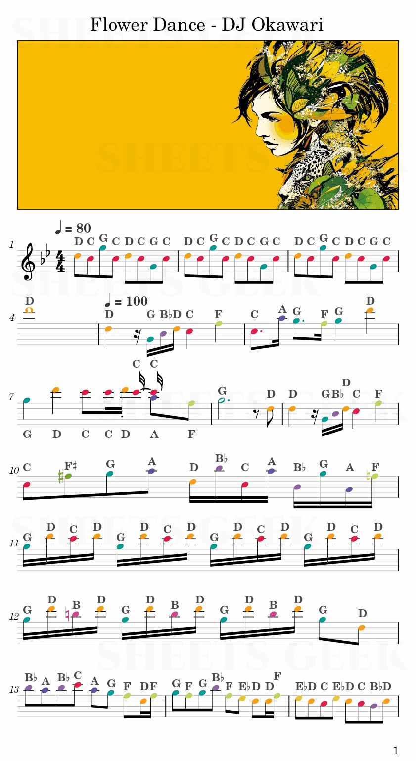 Flower Dance - DJ Okawari Easy Sheet Music Free for piano, keyboard, flute, violin, sax, cello page 1