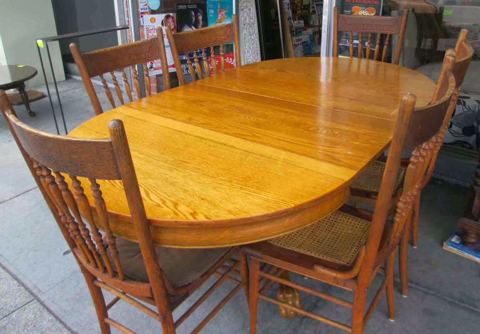 UHURU FURNITURE & COLLECTIBLES SOLD Oak Pedestal Table, 6 Chairs & 2