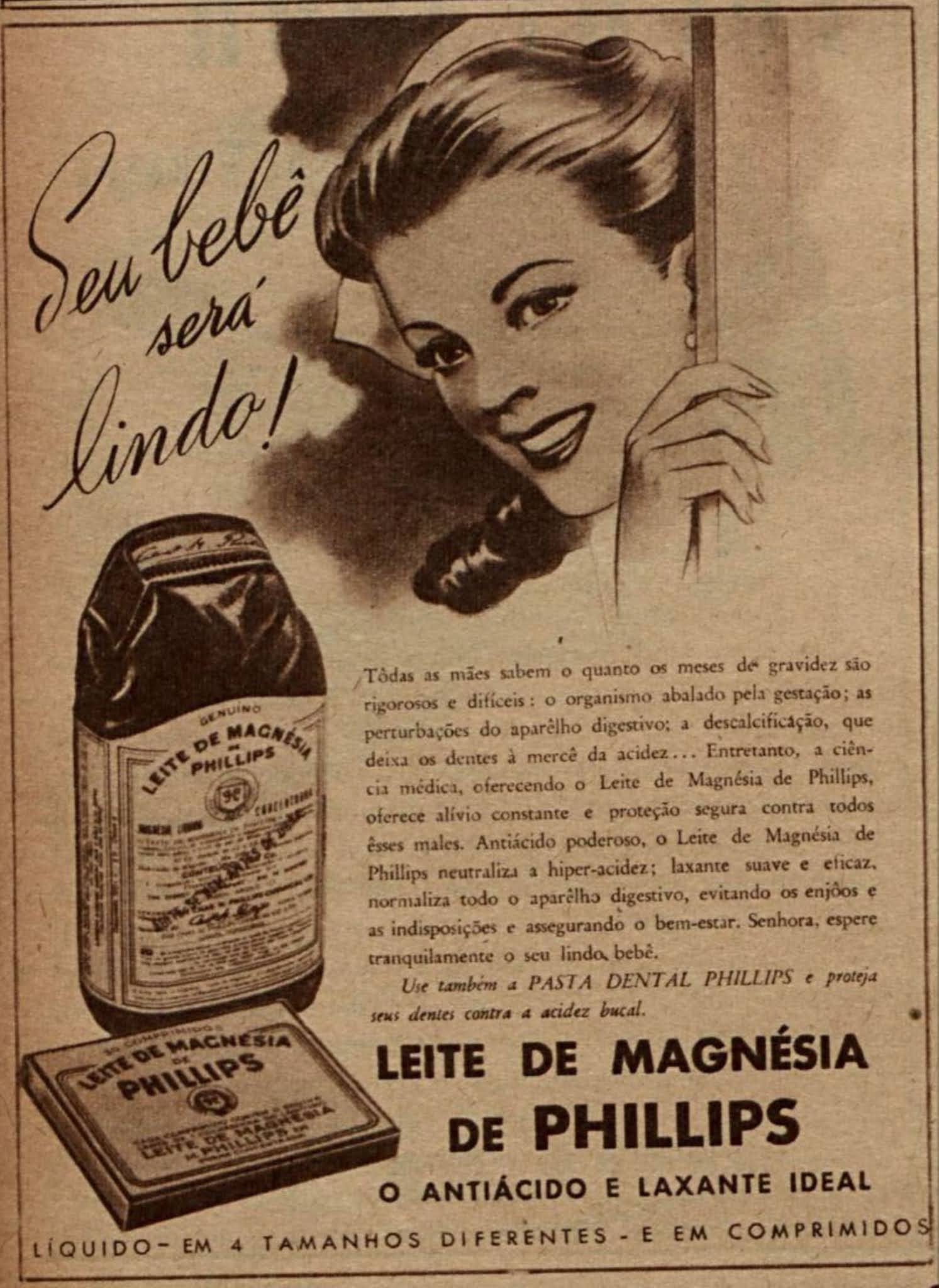 Anúncio de 1947 promovia o Leite de Magnésia de Philips para as grávidas