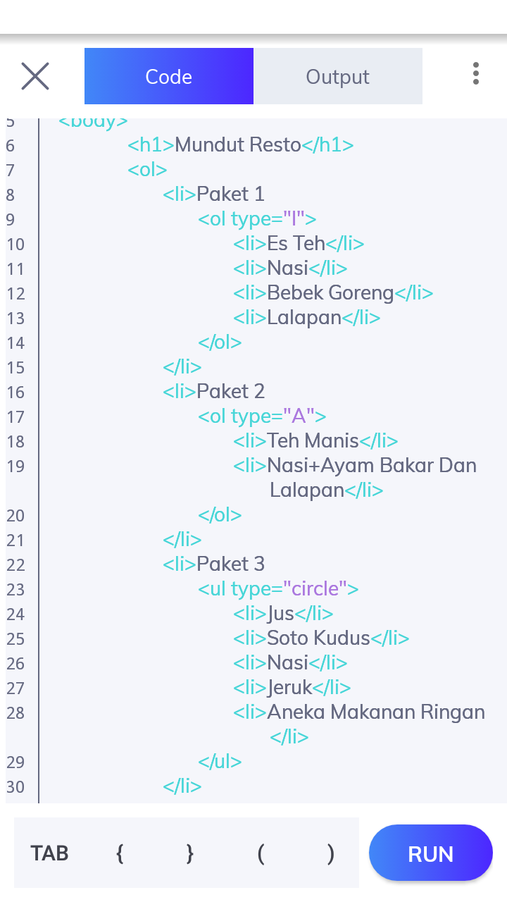 Contoh Tampilan Menu Restoran