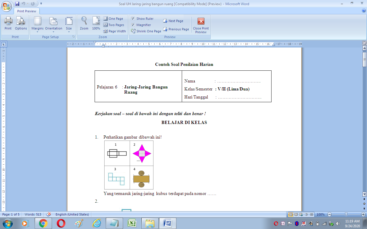 Soal Ulangan Harian Matematika Kelas 5 Sd Mi Jaring Jaring Bangun Ruang Antapedia Com
