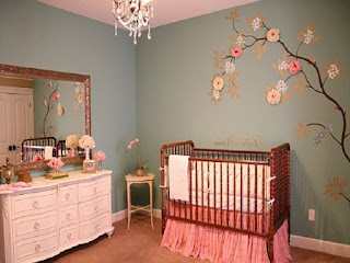 baby nursery girl ideas sakura vintage tree painted wall design pink crib curtain white bedsheet and blanket