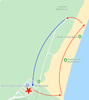 Map showing the trail route on the bluffers beach and nearby forest on Lake Ontario in Toronto