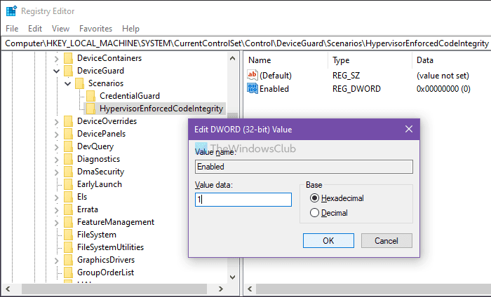 レジストリエディタを使用してコア分離メモリの整合性を無効にすることを有効にする