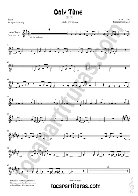 tubescore  Only Time Tenor Saxophone and Soprano Saxophone Sheet Music by Enya Ballad Music Score