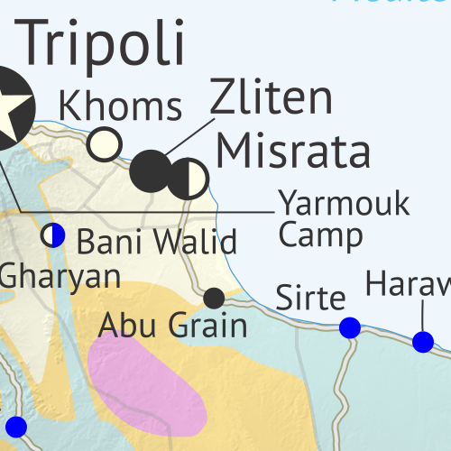 Libya: Who controls what? A concise, professional map of who controls Libya now (December 2019). Shows detailed territorial control in the Libyan Civil War as of January 26, 2020, including all major parties (Government of National Accord (GNA); Tobruk House of Representatives, General Haftar's Libyan National Army (LNA), and allies; Tuareg and Toubou (Tebu, Tubu) militias in the south; the so-called Islamic State (ISIS/ISIL); and other groups such as the National Salvation Government (NSG)). Includes terrain, major roads, and recent locations of interest including Sirte, Yarmouk Camp, Abu Grain, and more. Colorblind accessible.