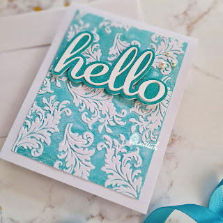 Hello word die card, dry embossing card, crafty Meraki Hello die, Distress oxide peacock feathers, quillish