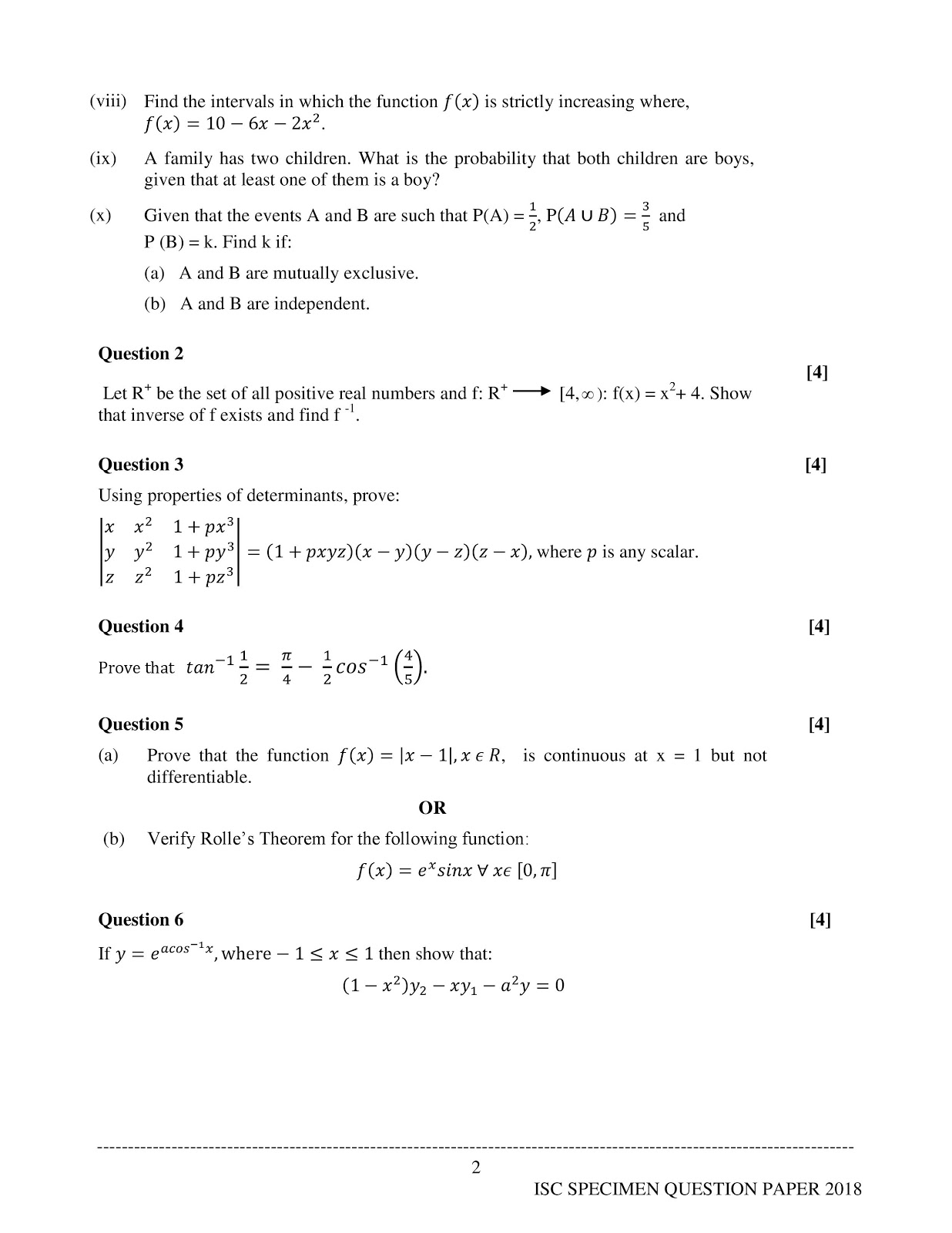 isc 2018 class XII Mathematics specimen question paper isc 2018 class 12th Mathematics Sample paper
