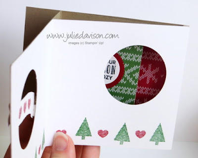 Stampin' Up! Stitched with Warmth & Cheer Peek-a-boo Flip Card #stampinup 2016 Holiday Catalog www.juliedavison.com