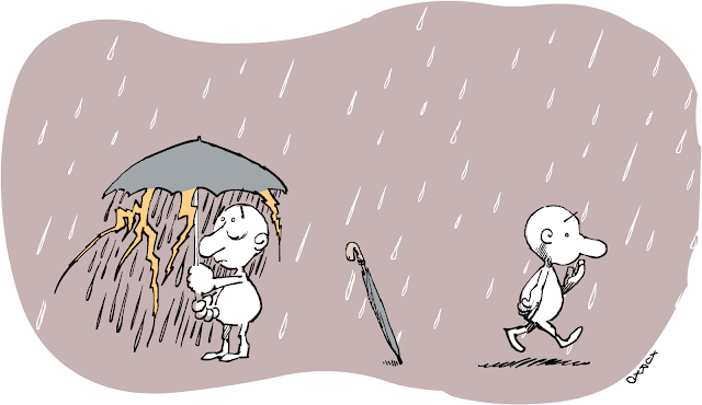 Viñeta cómica donde un personajillo abre un paraguas para protegerse de la lluvia y salen rayos de dentro