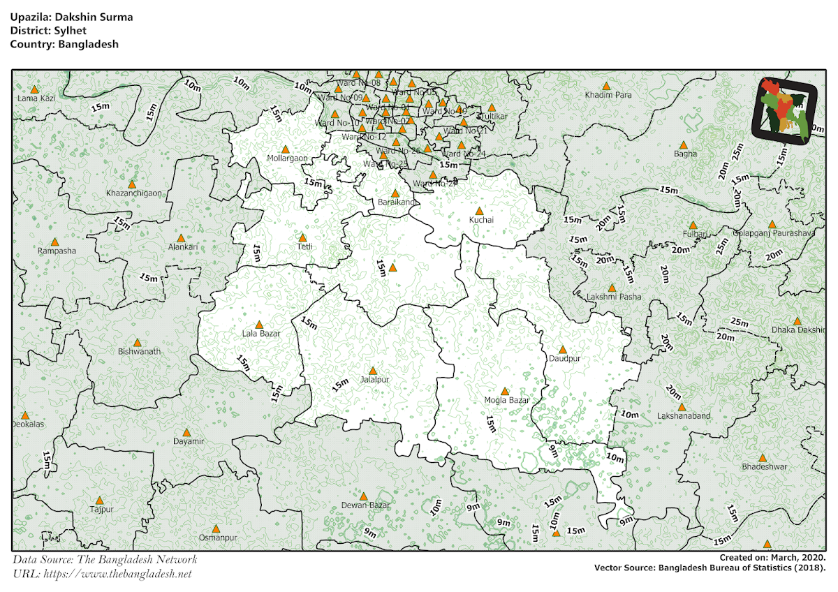 South Shurma Upazila Elevation Map Sylhet District Bangladesh