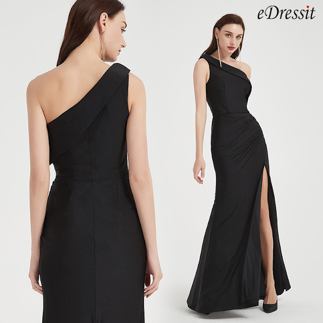 Sexy Black One Shoulder High Slit Party Evening Dress-eDressit