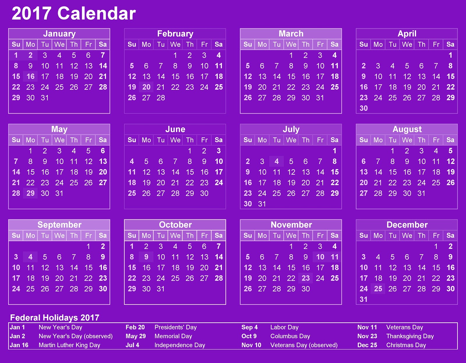 Free Printable Calendar 2017