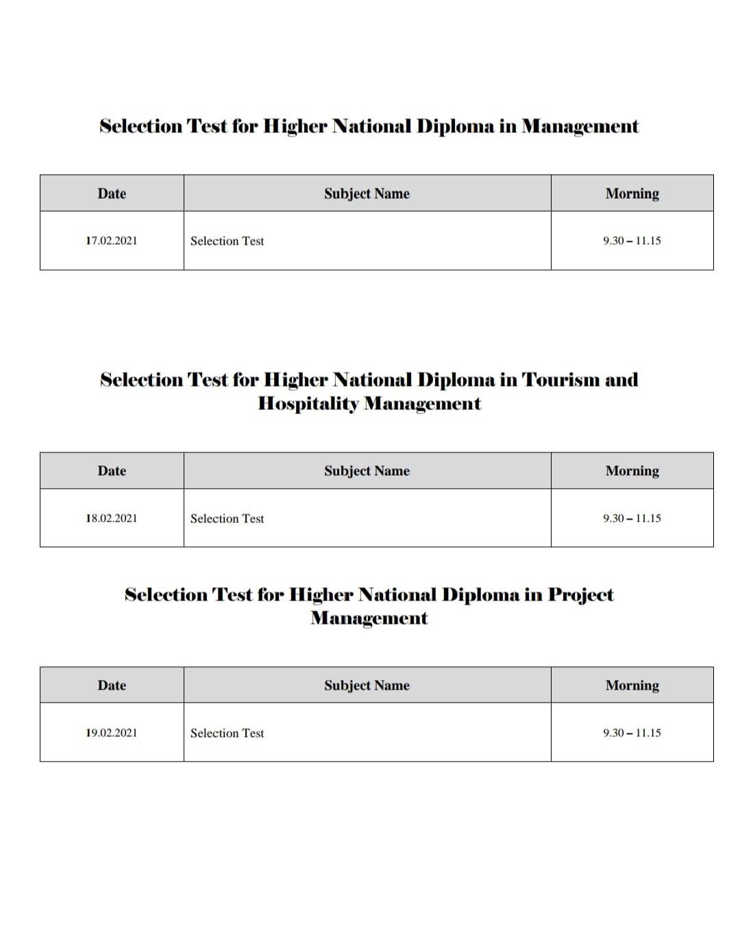 SLIATE HND Selection Test Time Table 2020(2021)