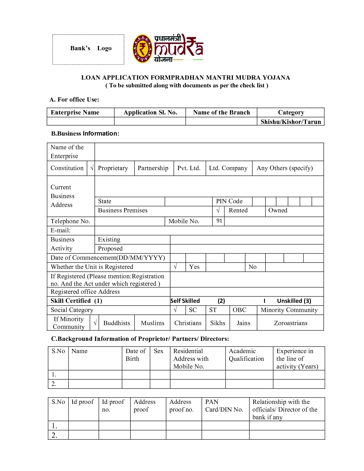 Download Loan Application Form for Pradhan Mantri MUDRA Yojana