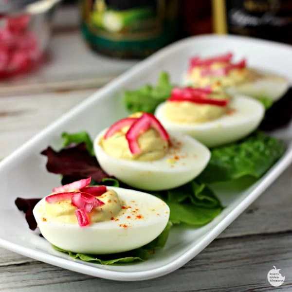 Pickled Red Onion Deviled Eggs | by Renee's Kitchen Adventures - Delicious recipe for a great anytime snack or appetizer!  Crunchy, sweet, and savory all in one bite! 