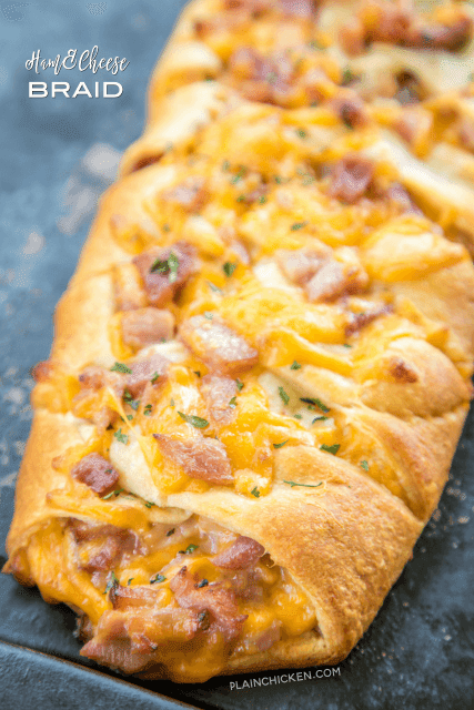 Ham & Cheese Braid - only 4 ingredients! Great way to use up leftover holiday ham. Ready in under 30 minutes. Everyone LOVES this easy stuffed bread recipe!! Ham & Cheese Braid - only 4 ingredients! Great way to use up leftover holiday ham. Ready in under 30 minutes. Everyone LOVES this easy stuffed bread recipe!!