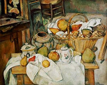 Naturaleza muerta con cesta de frutas (La mesa de cocina), Paul Cézanne, 1888-1890, óleo sobre lienzo, 65x80 cm, Museo de Orsay, París.