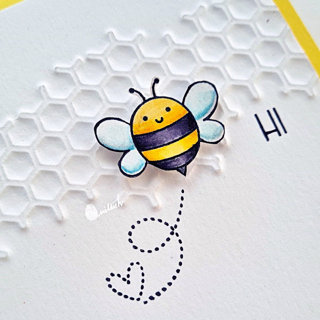 Dry embossing with dies, Stretch your dies, Dry embossing with dies, CAS card with bee, Bee card, Pretty pink posh bee friends stamp set,, Cute card, Honey comb dies, Zig clean color coloring, Quillish