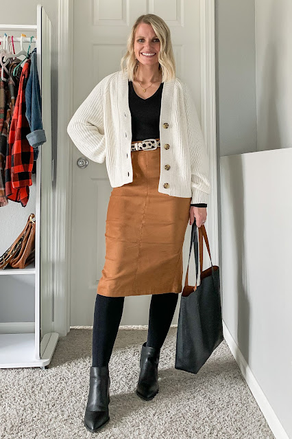 A faux suede pencil skirt can upgrade your work outfit.