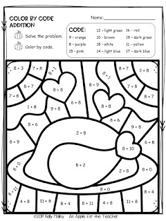 Thanksgiving Color By Number Math Facts Practice Addition turkey 2 black and white