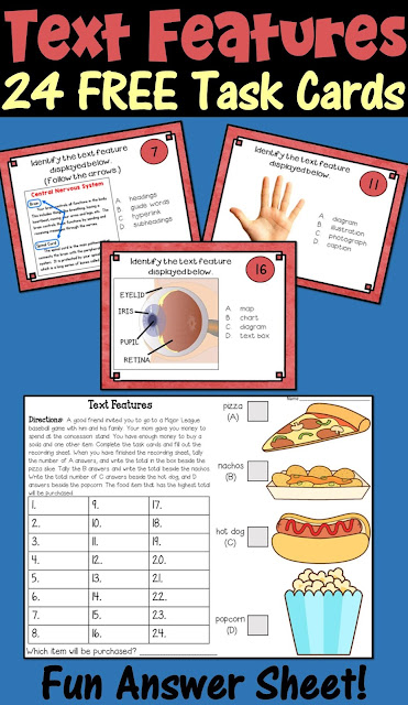 FREE Nonfiction Text Features Task Cards! This set features 24 nonfiction text features, plus a fun recording sheet!