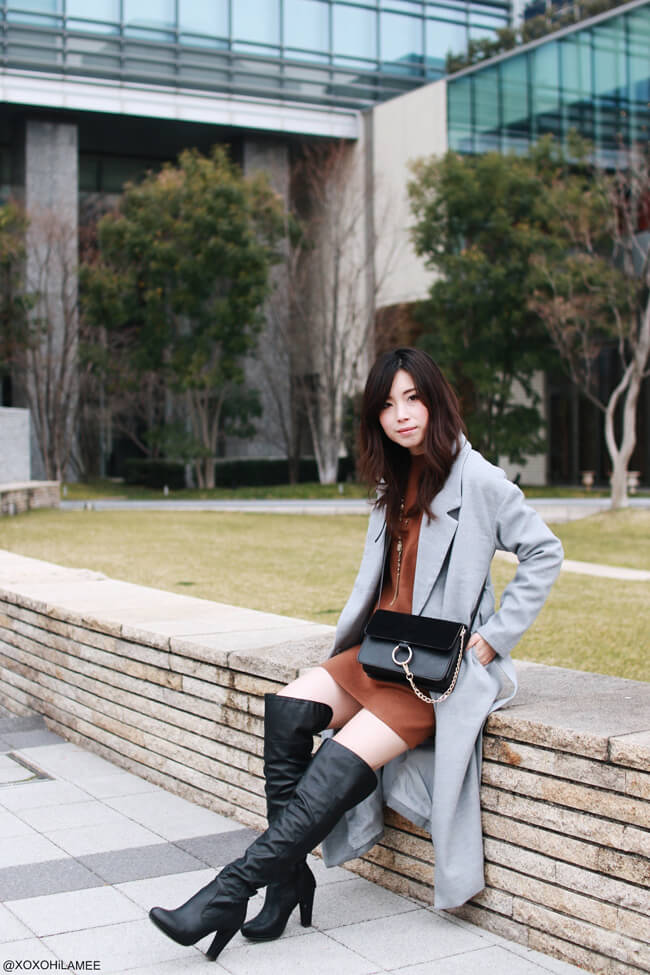 xoxoHilamee OOTD GRAY LONG COAT & BROWN KNIT DRESS