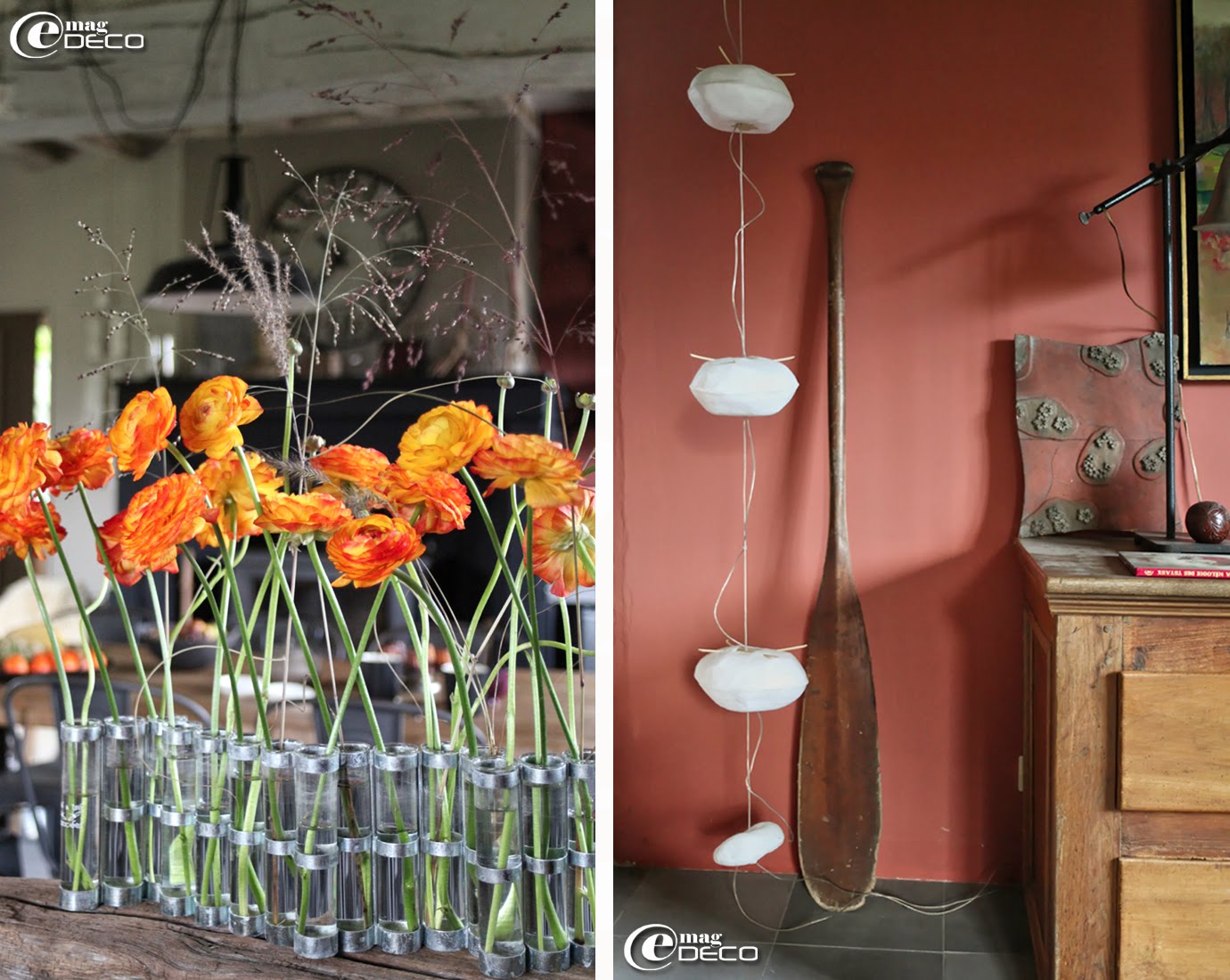 Vase d’avril créé par Tsé & Tsé et suspension Courant d’air composée de quatre cocons lumineux en papier japonais, création Céline Wright