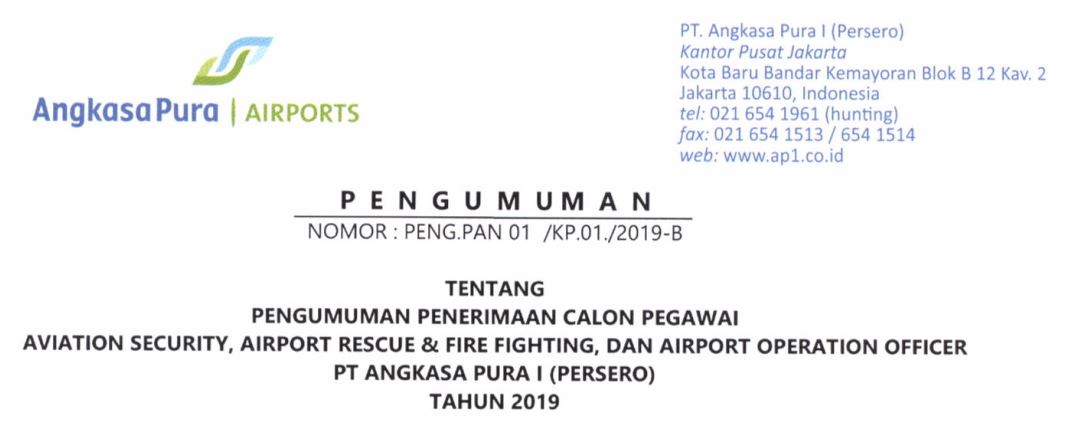 Lowongan Kerja Pegawai Pt Angkasa Pura 1 Persero Tahun 2019