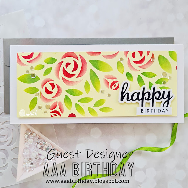 Simon says stamp XL Rose Bouquet, Floral Slimline card, Floral stencil card, Slimline birthday card, AAA Birthday card challenge, Guest Designer Ishani