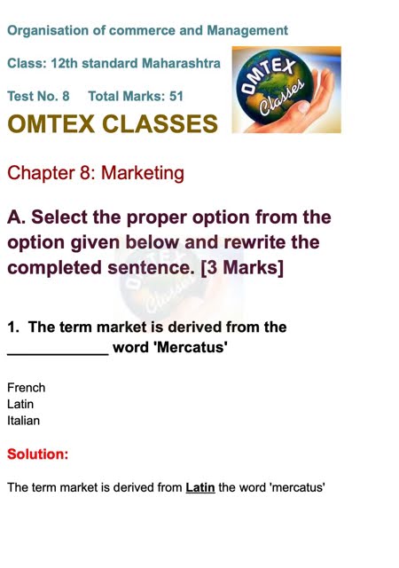 OCM Test No. 8. Class: 12th Standard Maharashtra Chapter 8: Marketing.