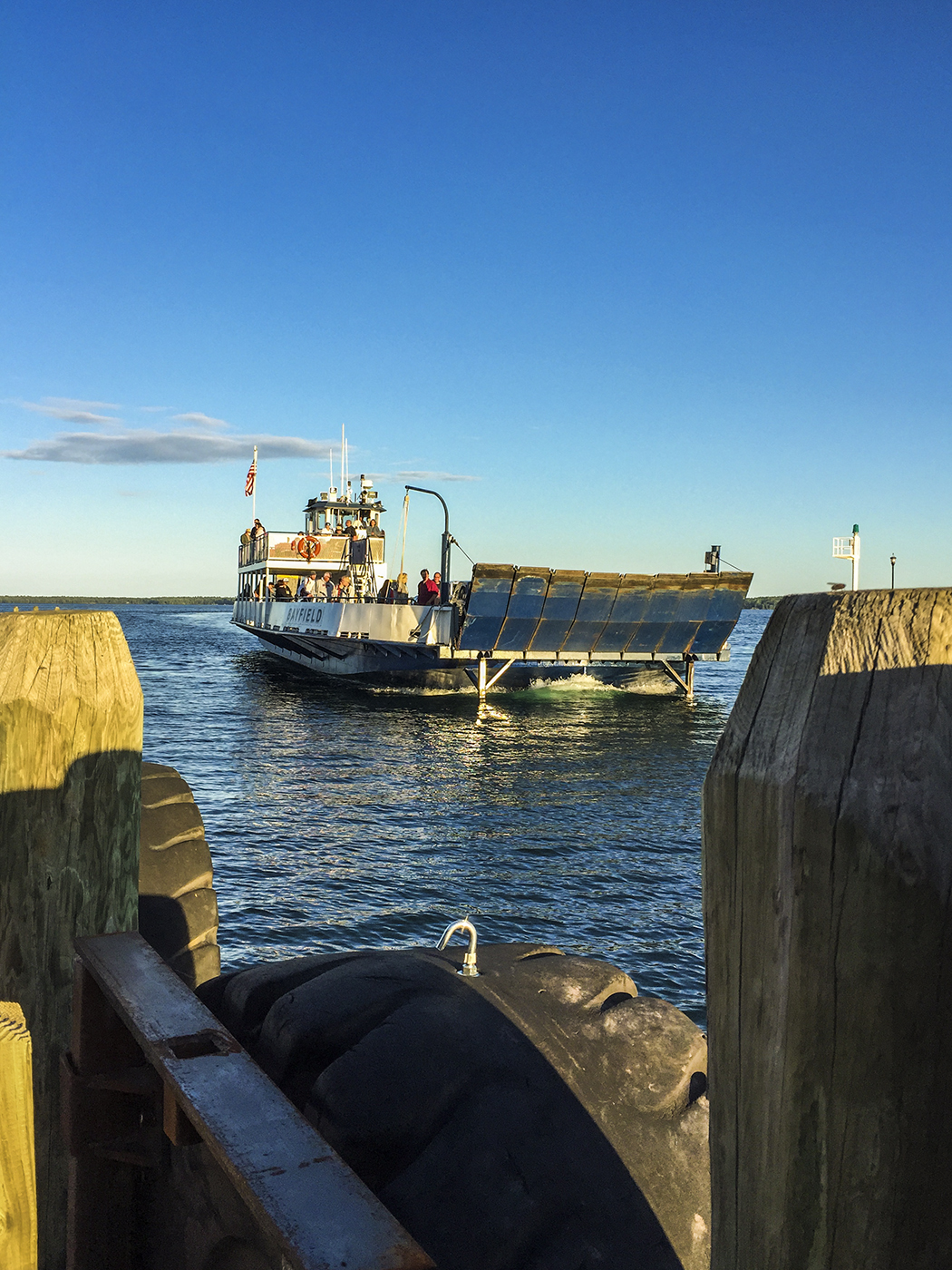 The Madeline Island Ferry (MV Bayfield) approaching the Bayfield Terminal