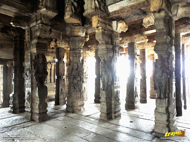 100 pillared Ranga Mandapa or Dance Hall, with Intricately sculpted pillars inside the Veerabhadra Swamy Temple at Lepakshi, in Andhra Pradesh, India