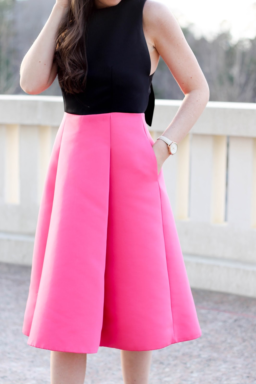 Kate Spade Bow back colorblock dress, Rent the Runway Valentine's dress, Rent the Runway wedding dress idea, NC Fashion Blogger, Stella Dot earrings, fossil tan leather watch with rose gold face, pretty in the pines blog