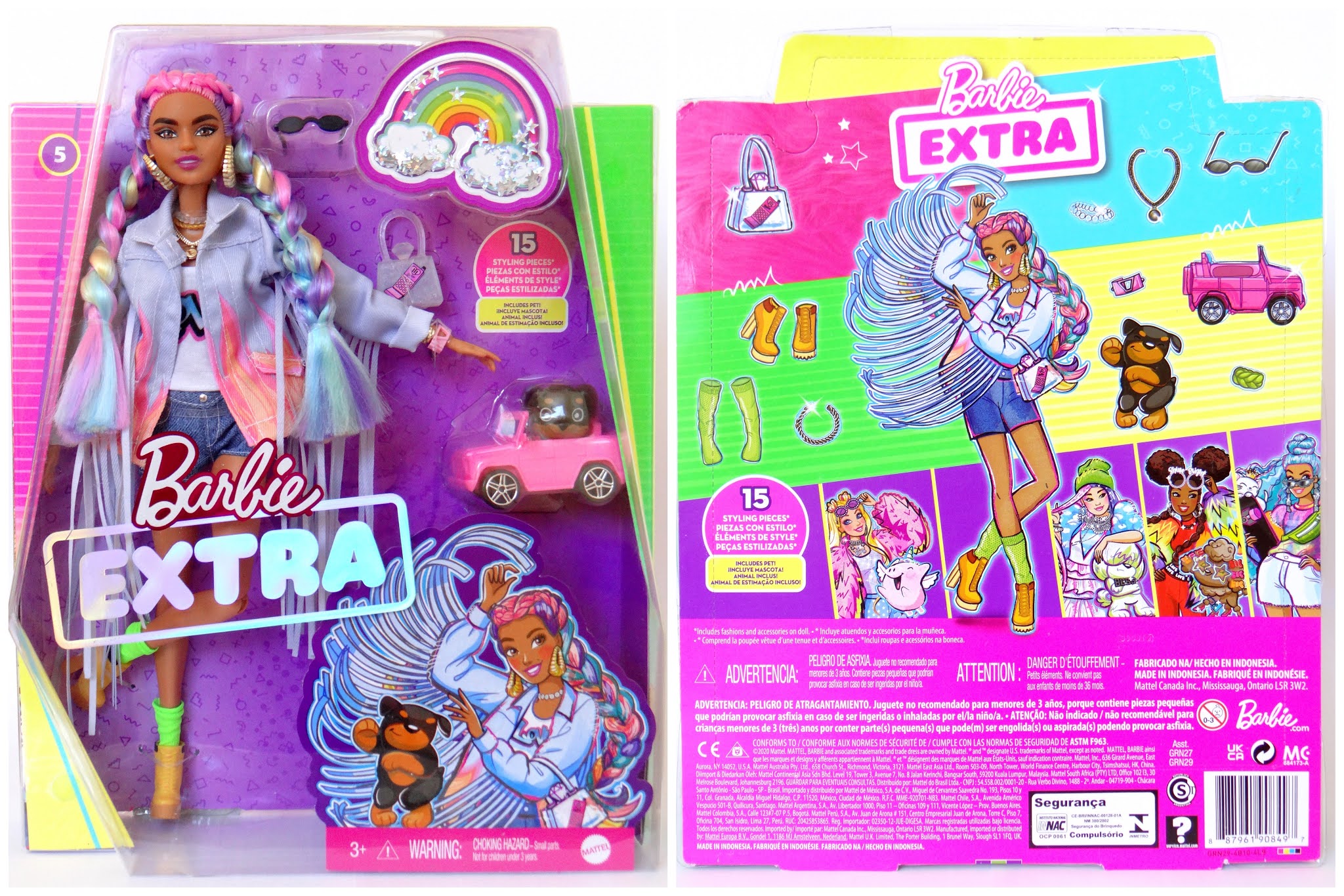 Barbie Extra Doll 5 In LongFringe Denim Jacket With Pet Puppy Rainbow