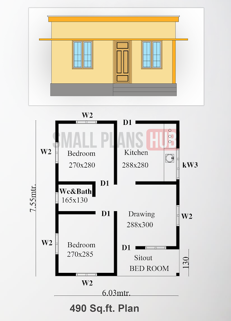 490 sq.ft.Two bedrooms low budget Plan and elevation