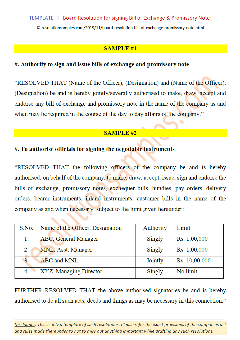 Board Resolution for signing Bill of Exchange & Promissory Note