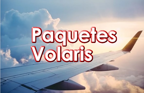 Texto de paquetes Volaris en Rojo con un Ala de Avion Volando Texto de paquetes Volaris en Rojo con un Ala de Avion Volando