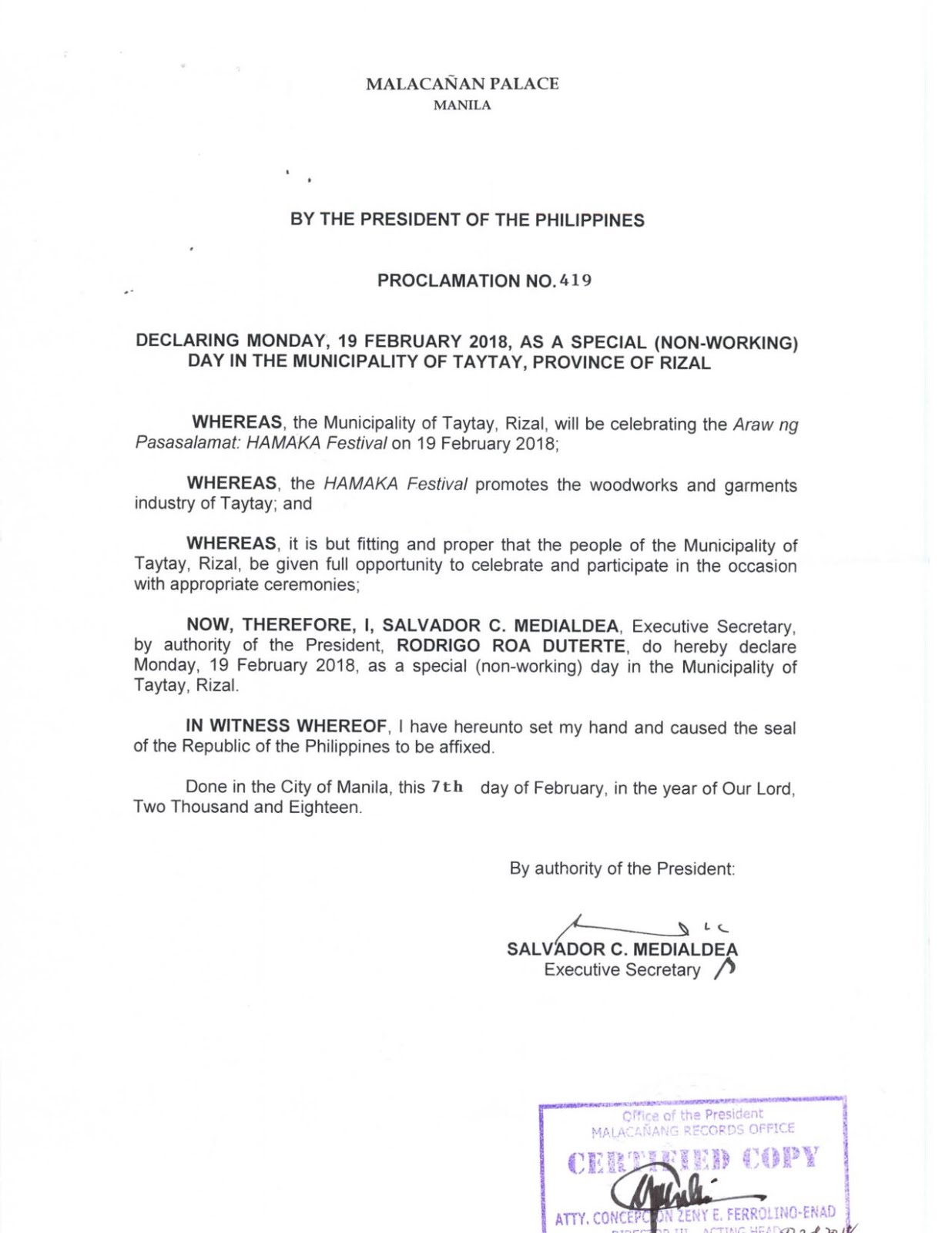 Philippine Holidays Special (NonWorking) Day in Taytay, Rizal on