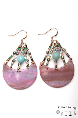 Boucles oreilles pâte polymère Mokume Gane Rose Taupe Vert Cernit Fimo Stenna Création