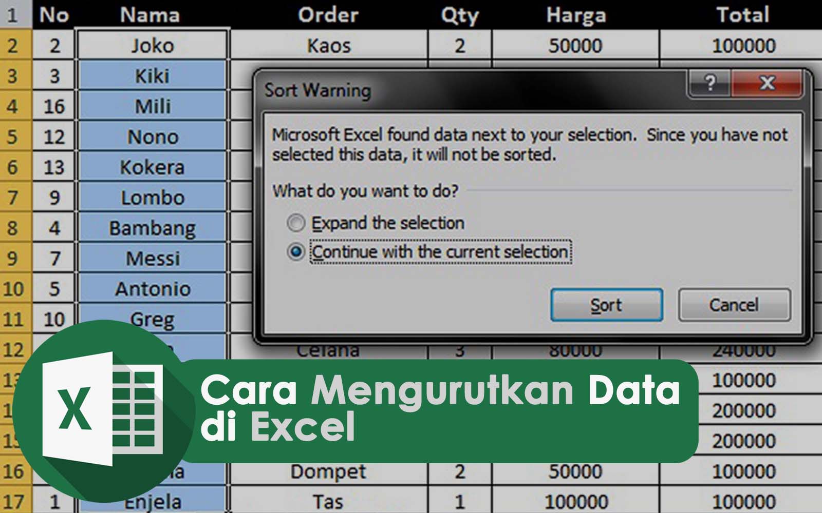 Mengurutkan Data di Excel 2