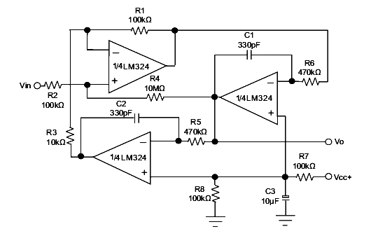 LM324 Active Bandpass Filter Circuit Diagram