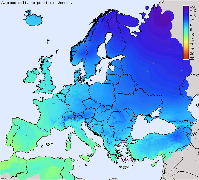 Average daily temperature for every month in Europe