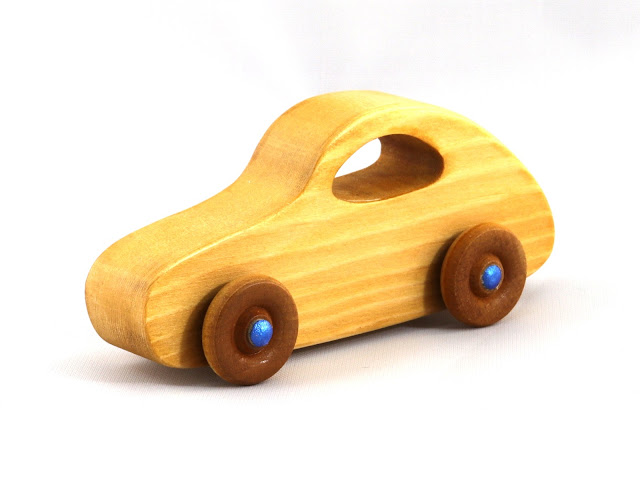 Handmade Wooden Toy Car Classic 1957 Bug Play Pal Amber and Metallic Blue Hubs