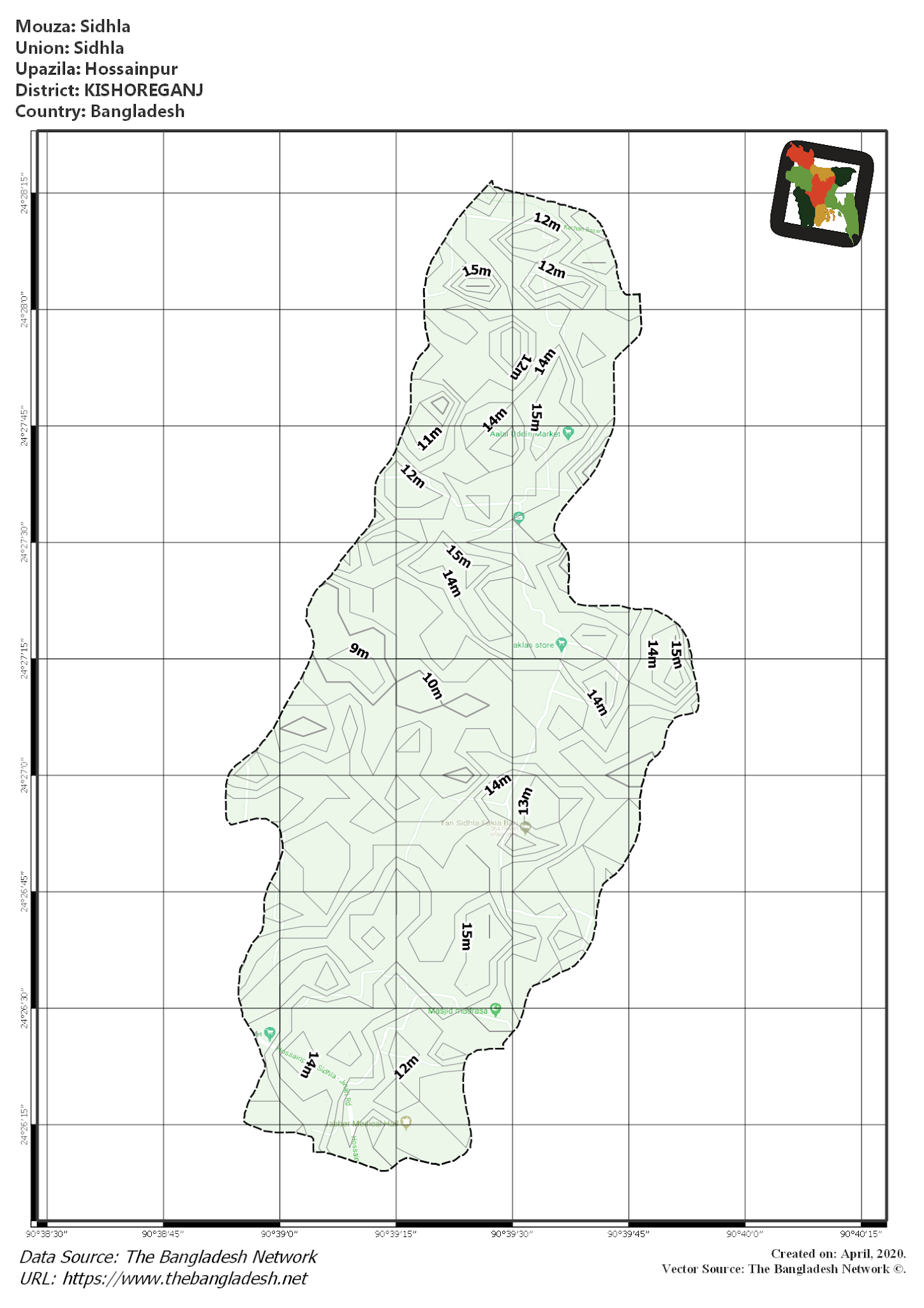 Map of Sidhla Mouza of Hossainpur Upazila, KISHOREGANJ, Bangladesh.