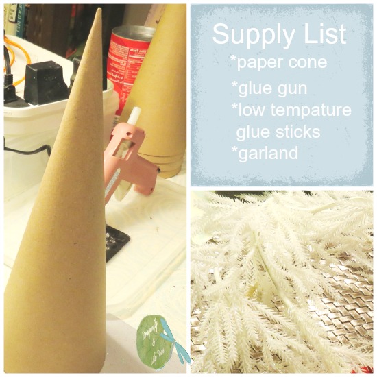Supply list, White Christmas Tree, paper cone, garland, low temp. glue, glue gun 