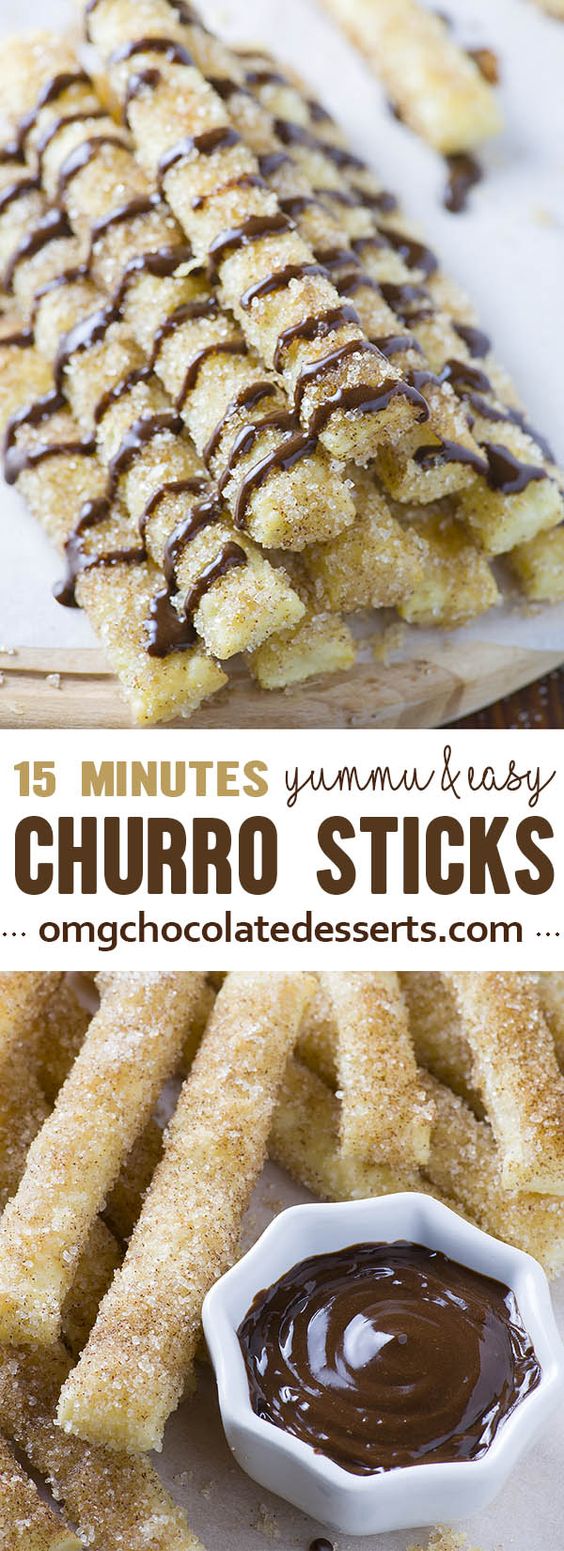 15 Minutes Churro Sticks – easy, crispy sticks made with puff pastry, rolled in melted butter and coated with cinnamon-sugar mixture, served with warm chocolate dipping sauce