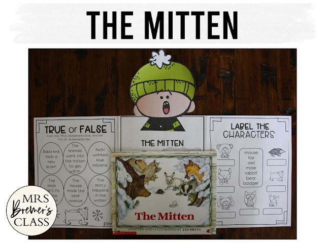 The Mitten book study activities unit with Common Core aligned literacy companion activities and a craftivity for Kindergarten and First Grade