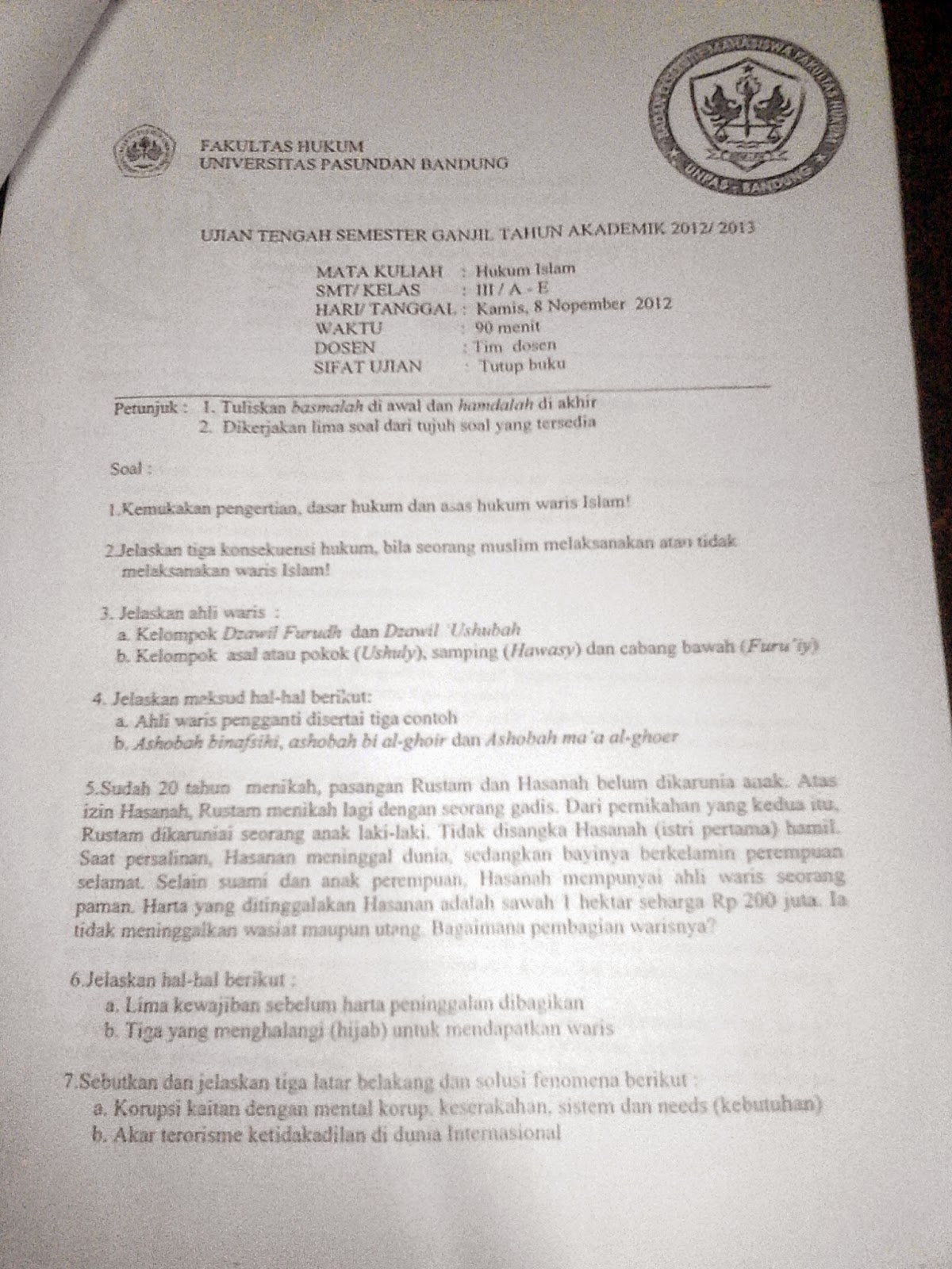 Soal UTS hukum islam FH Unpas FORUM KOMUNIKASI FH UNPAS