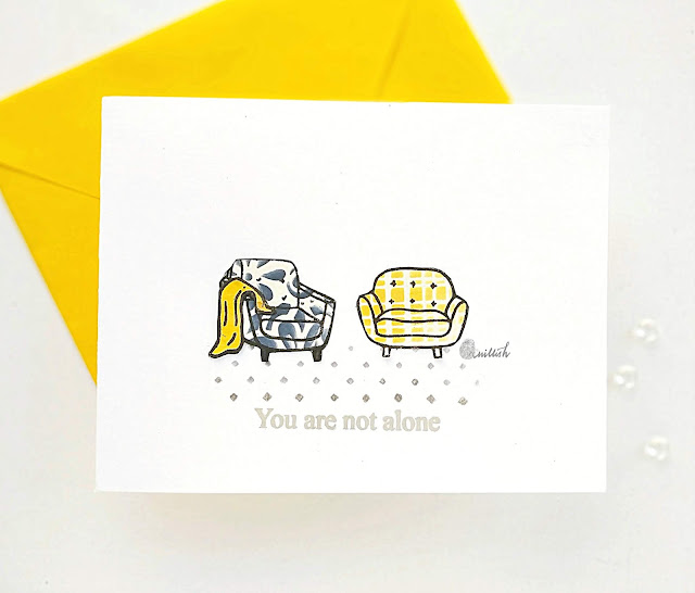 Paper piecing, stenciling, paper piecing with stencils, Janes doodles Cozy up stamp set, Navy and yellow decor, Sofa cards, CAS cards, clean and simple cards, quillish